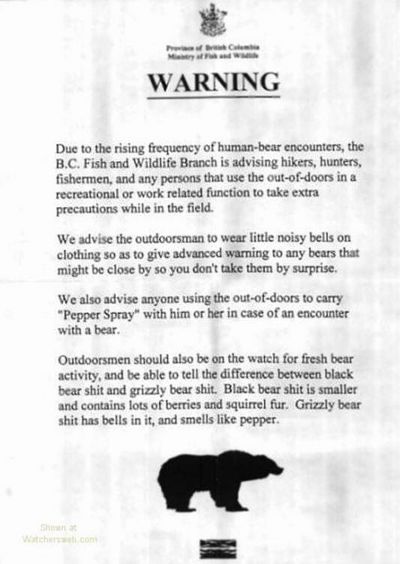Bear Warning
Useful for all BC residents!
Keywords: bear, pepper spray, grizzly, bells