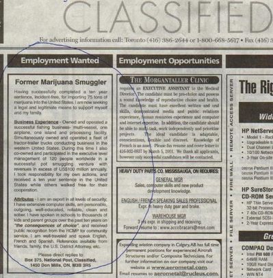 Employment wanted
Keywords: marijuana, smuggler, employment, work